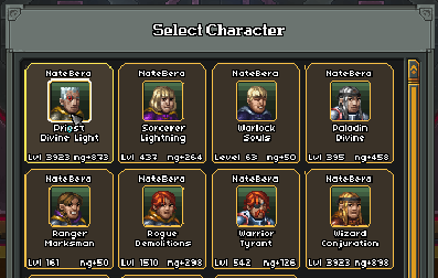 Character selection screen with the mouse hovering over the top-left character card