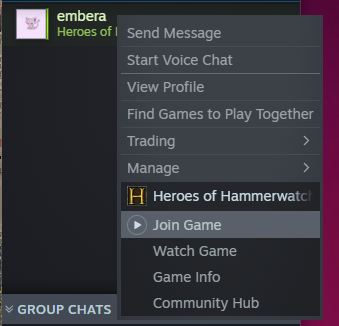 Steam Friends context menu with Join Game highlighted for embera