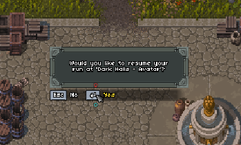 Resume run confirmation with the mouse hovering over the gold Yes text