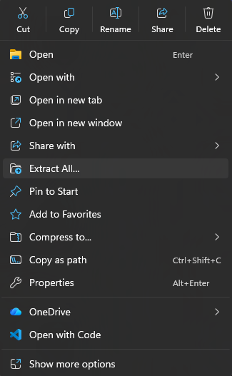 Windows context menu with Extract All highlighted