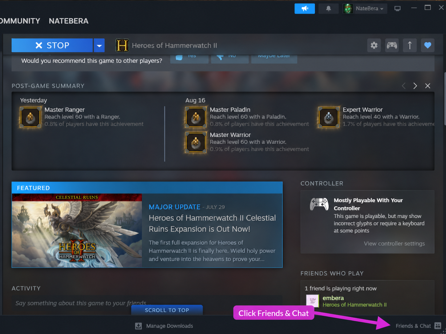 Steam client with an arrow pointing to the Friends and Chat button in the bottom-right corner
