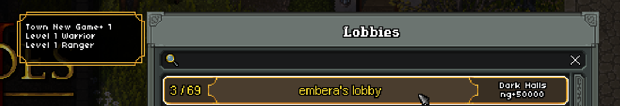 Public lobby browser showing embera's lobby in Dark Halls