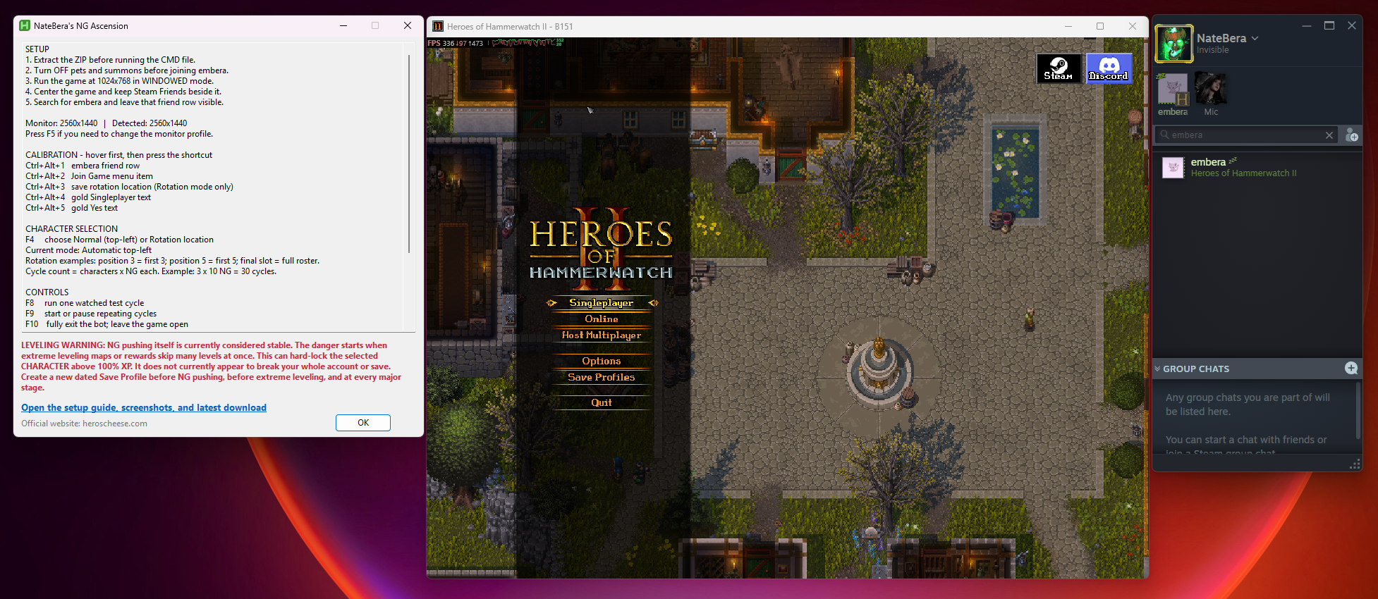 NateBera's NG Ascension beside the centered windowed game with Steam Friends filtered to embera