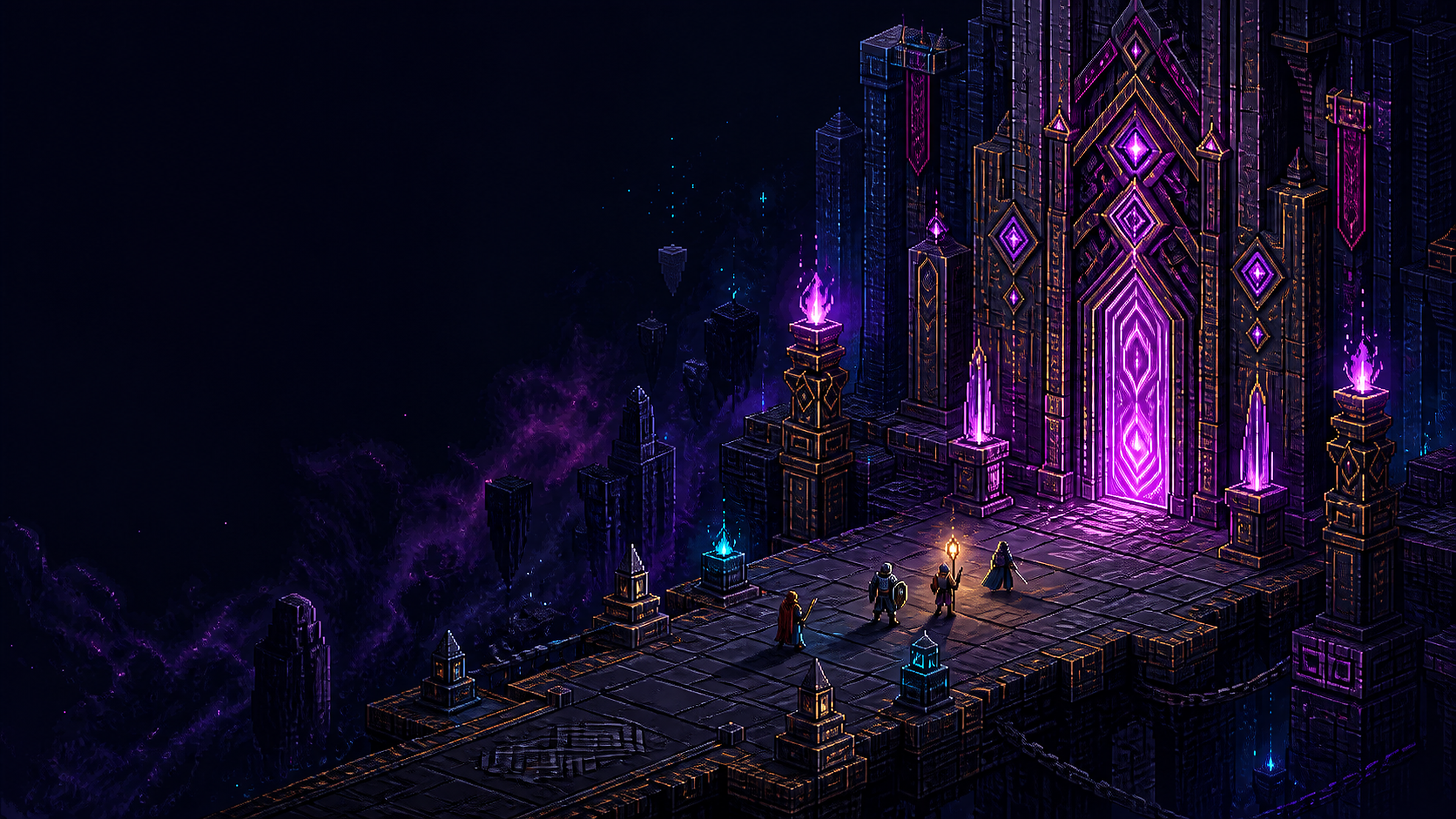 Original pixel-art heroes approaching an arcane citadel