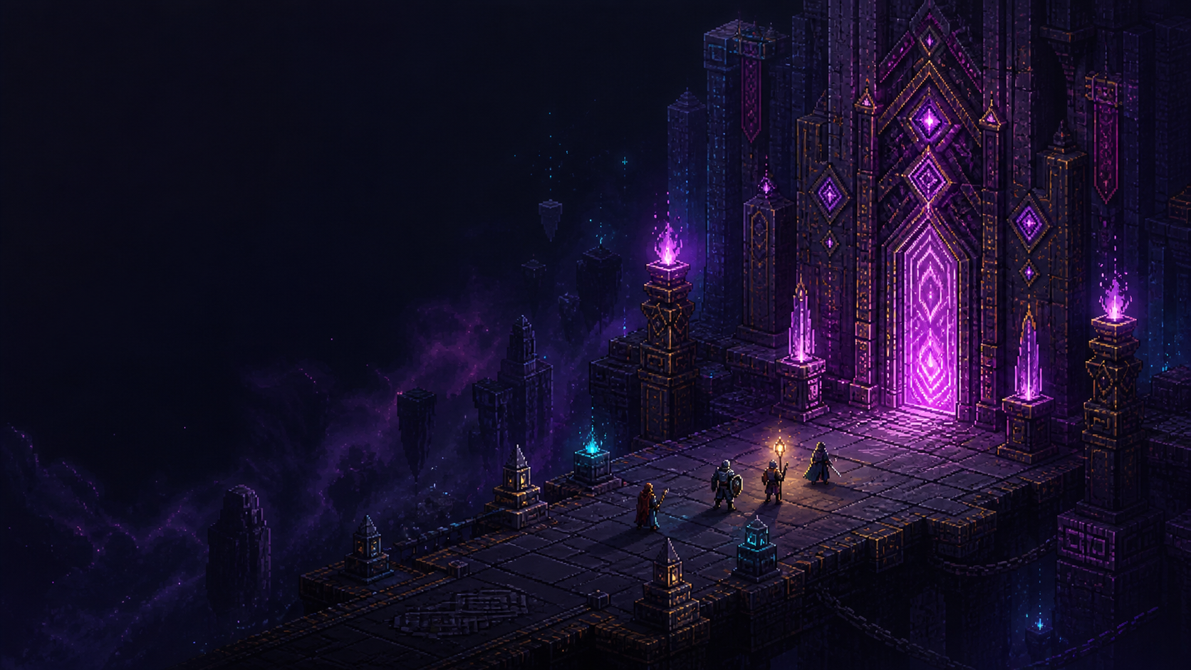 Original pixel-art heroes approaching an arcane citadel